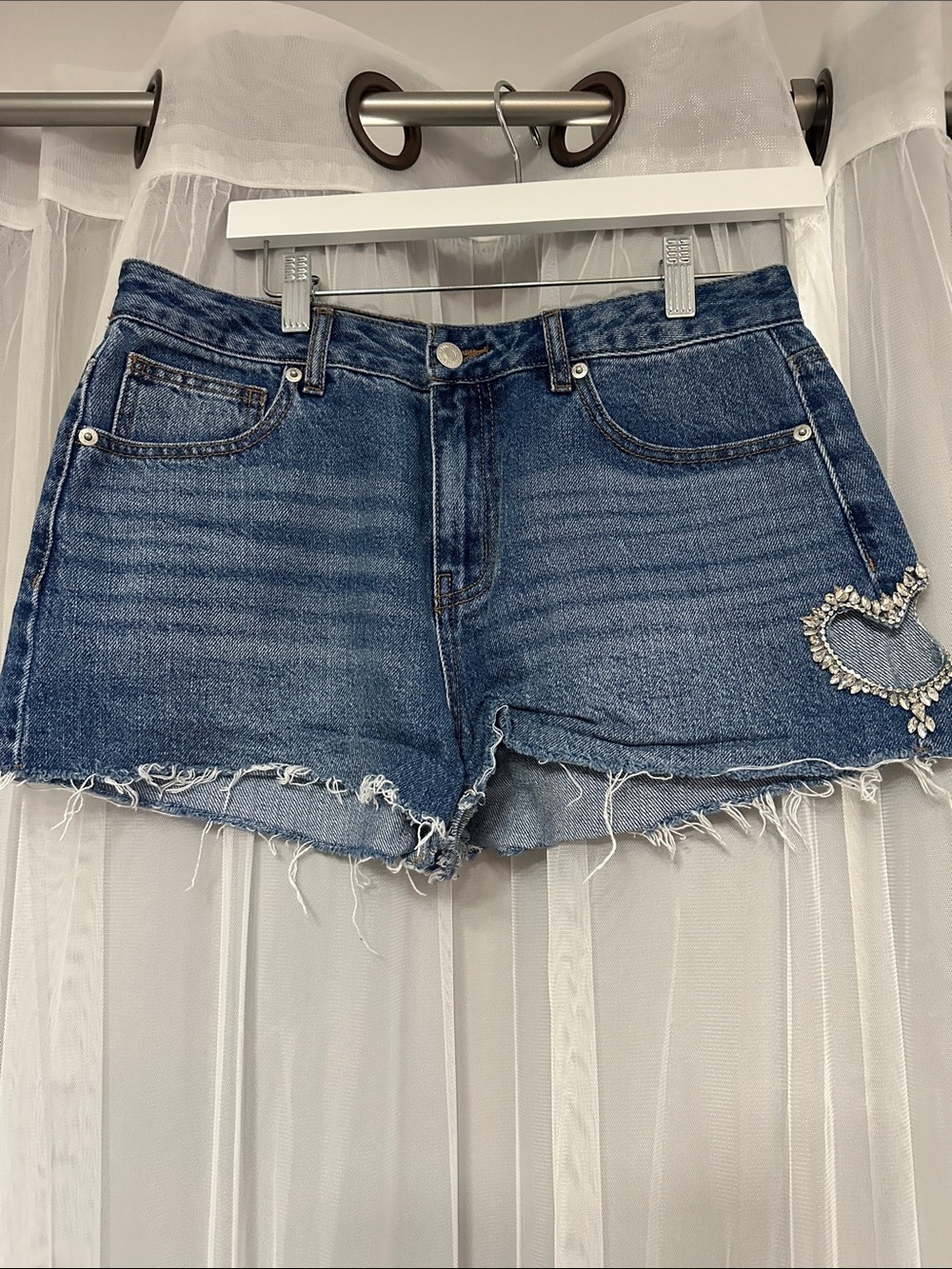 Denim Cutoff Shorts with Rhinestone Heart Accent  and Cow print shorts